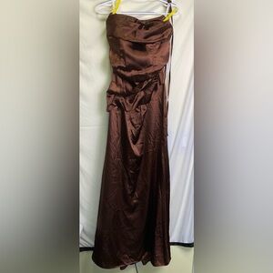 Monvelli Strapless Corset Satin Evening Gown in Chocolate Brown